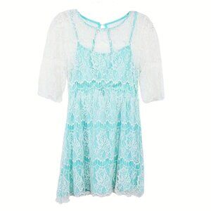 Altar’d State Mini Dress S Mint Blue White Lace Floral Fairy Whimsical Satin